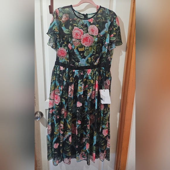 Mac Duggal Floral Illusion Cap Sleeve Midi Dress - Picture 2 of 4